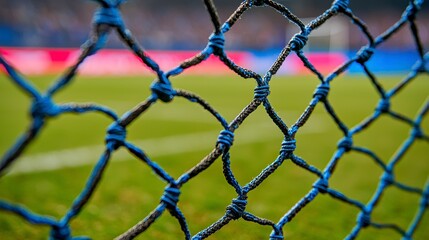Fototapeta premium Close-up of blue soccer goal net with blurred green field and crowd in background during an exciting sporting event
