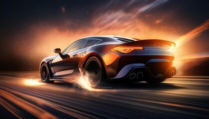Obraz premium High-Performance Sports Car Racing Through a Sunset