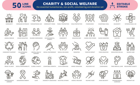 Charity and social welfare icon set. Thin line editable stroke icons for philanthropic giving, nonprofit organizations, volunteering, donation, community support, humanitarian aid, and global relief