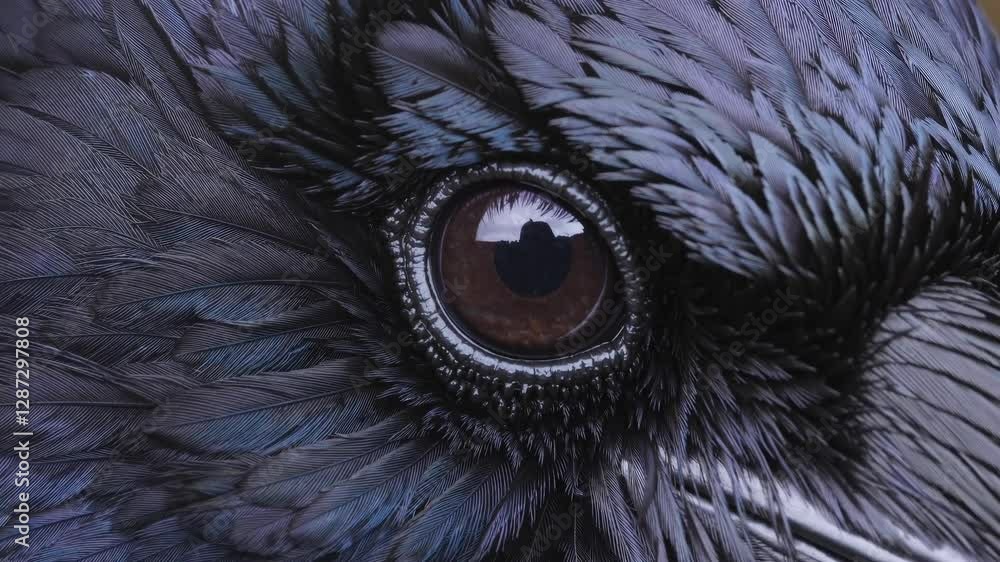Poster close-up video shot of a bird's eye, capturing intricate feather details. the macro angle emphasizes
