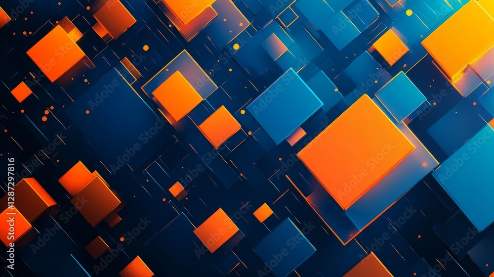 Poster abstract blue and orange technology background with geometric square patterns and digital glow, perf