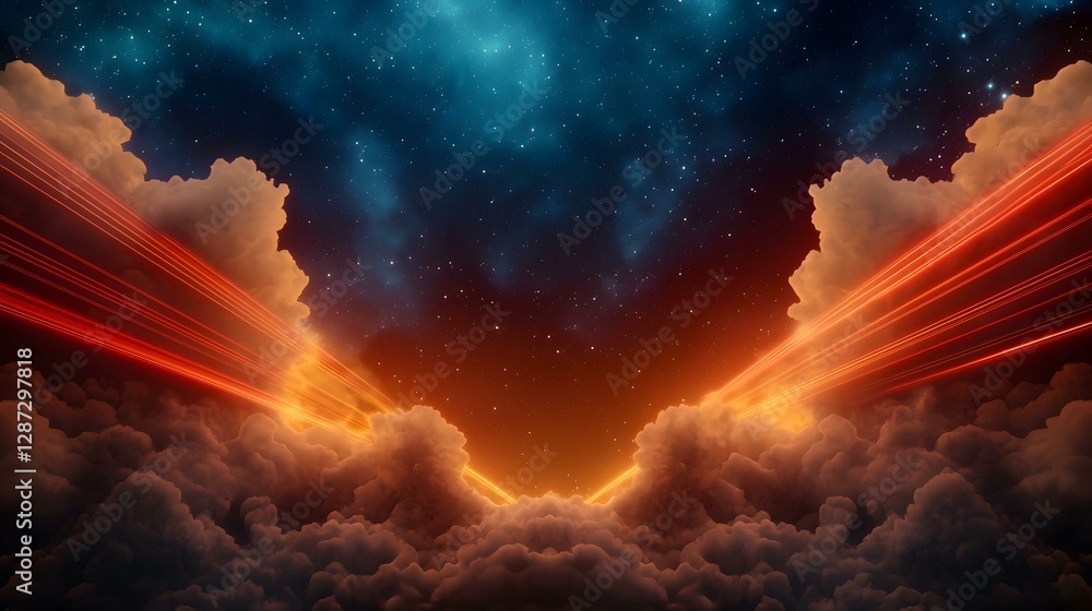 Poster a dramatic image depicting a starry night sky above a layer of clouds, illuminated by streaks of vib