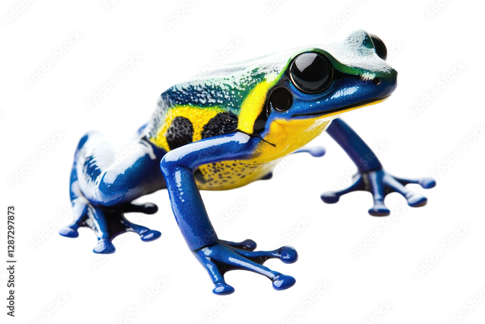Poster vibrant poison dart frog with striking blue and yellow patterns isolated against a transparent backg