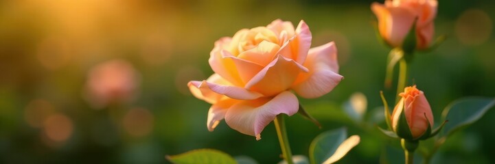 Soft peach-colored rose blooms on a green stem, nature, garden, warm
