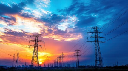 Sunset Silhouette of Power Lines and Transmission Towers