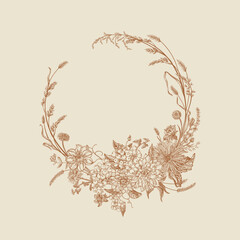 Autumn wreath with flowers and cereals. Engraving style. Vector botanical illustration.