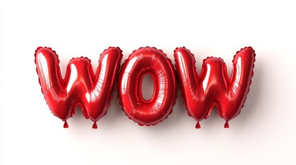 Red balloon letters spelling wow on a white background, reflection highlights. Celebratory and festive decoration concept