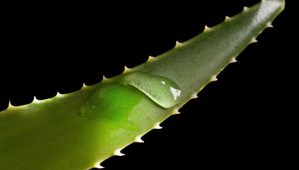 Aloe Vera Leaf with Dewdrop on a Black Background