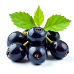 black currant isolated on white background, black currant on leaf, black currant on a white background