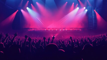 Energetic Crowd at Concert: A vibrant concert scene where a massive, enthusiastic crowd gathers, their hands raised high under the mesmerizing play of stage lights and energy. 