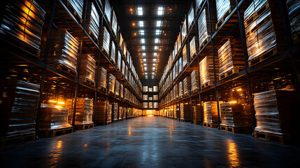 Fototapeta premium Large Industrial Warehouse Interior With Glowing Lighting