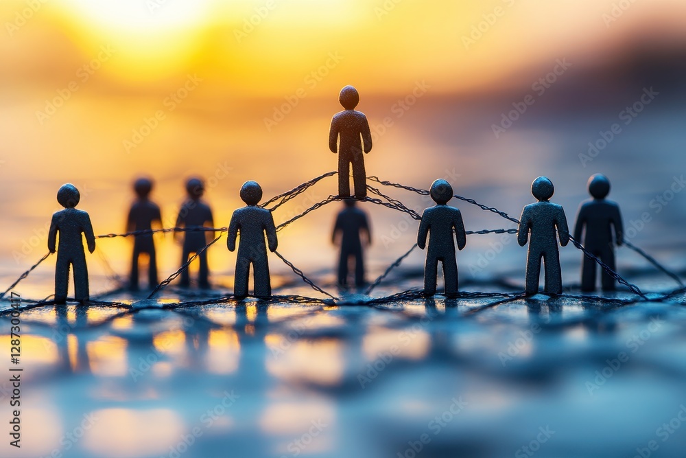 Aufkleber community connections represented by miniature figures on a network of strings with a beautiful sunr