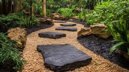 Pathway Through Paradise: A meandering stone pathway invites exploration through a verdant garden filled with lush foliage, offering a serene escape into the heart of nature.