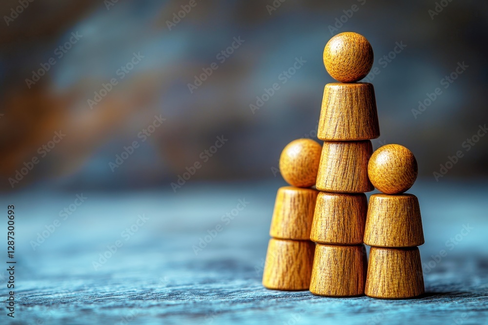 Poster wooden figures stacked in a creative formation on a textured surface with an artistic background hig