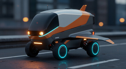 Futuristic Autonomous Delivery Vehicle Driving on City Street at Dusk