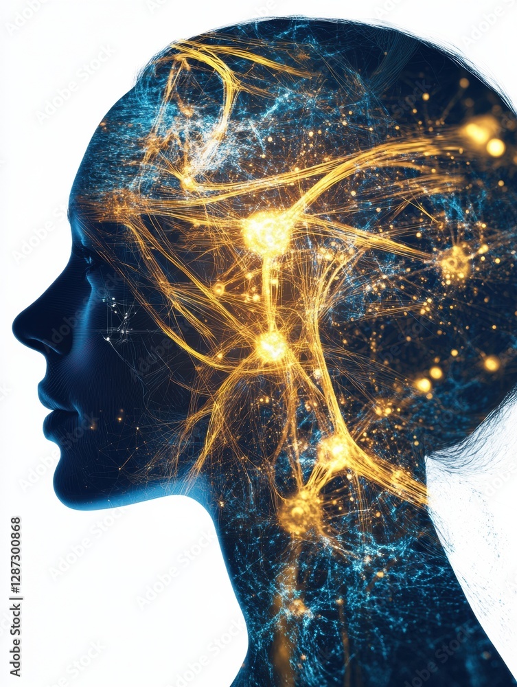 Poster Complex neural connections and glowing synapses represent artificial intelligence and cybernetic potential in a human silhouette. Generative AI