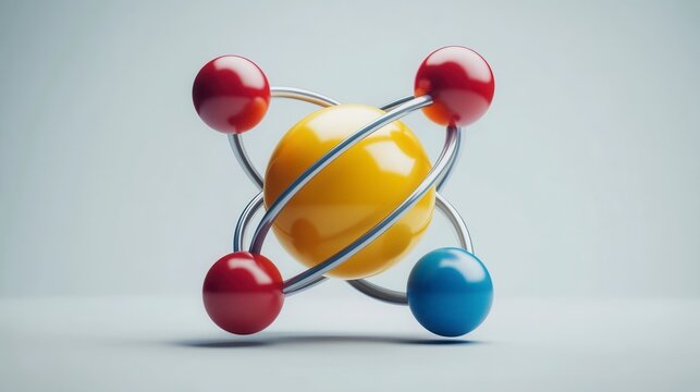 Colorful three-dimensional atom model showcasing protons neutrons and electrons in scientific representation