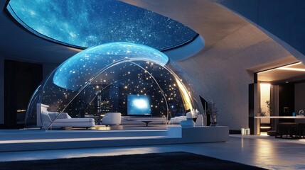 Obraz premium Futuristic Home Interior Design: Dome Living Room with Starry Ceiling