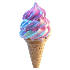 Fluffy 3D Cartoon Pink Ice Cream Cone with Blue and Pink Swirl Isolated on Transparent Background