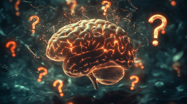 Glowing Human Brain Surrounded by Floating Question Marks Representing Intelligence, Creativity, and Problem-Solving Concepts