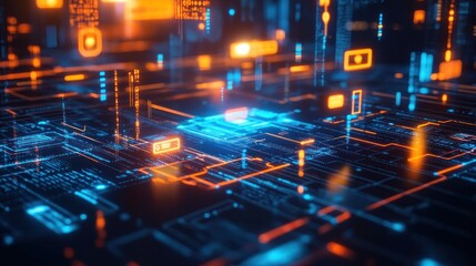 Abstract Digital Circuitry: Neon Hues and Glowing Data Streams
