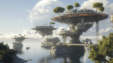 Futuristic Coastal Cityscapes: Floating Islands in a Serene Bay
