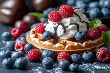 Delicious Waffle Stacked With Fresh Berries And Whipped Cream