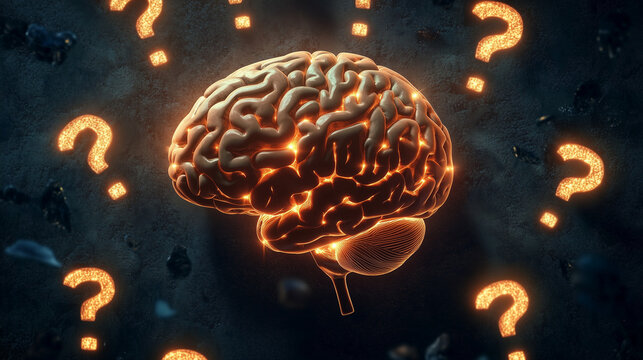 Glowing Human Brain Surrounded by Floating Question Marks Representing Intelligence, Creativity, and Problem-Solving Concepts