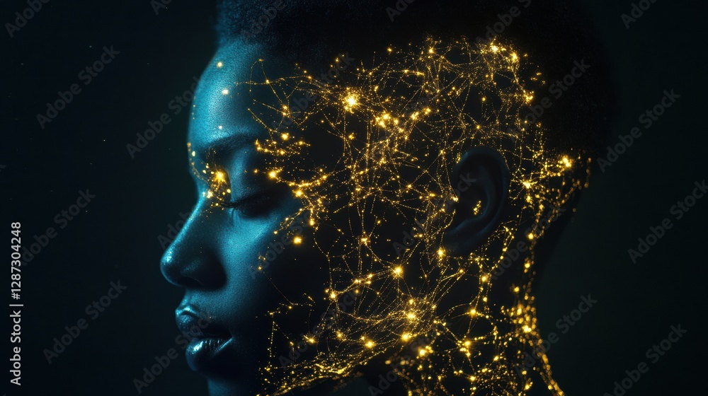 Poster Neural connections illuminate a human head representing artificial intelligence and cybernetic evolution. Generative AI