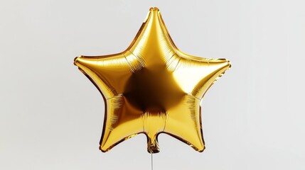 Golden star-shaped foil balloon against a neutral background, reflecting light. Celebration and festive decoration concept