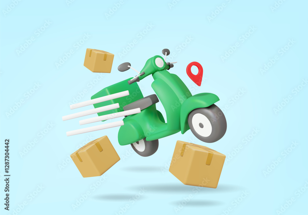 Poster 3d vector illustration render delivery scooter icon with speed ​​effect, floating parcel box and gps
