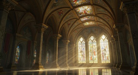 Fototapeta premium Grand Hall with Stained Glass Windows and Sun Rays Streaming Through