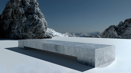 Marble bench in snowy mountain landscape, serene winter scene, product display