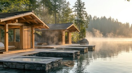 Obraz premium Wooden Cabins and Stone Baths by Misty Lake at Sunrise