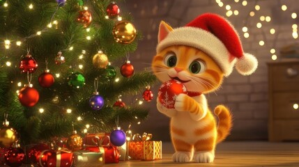 Christmas Cat Decorates Tree