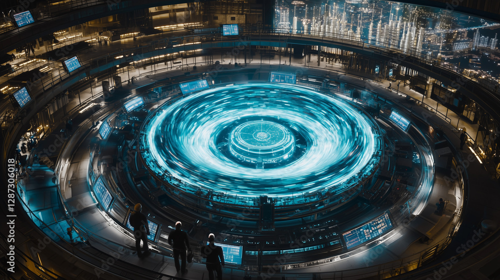 Aufkleber futuristic circular control room with glowing energy vortex and scientists monitoring