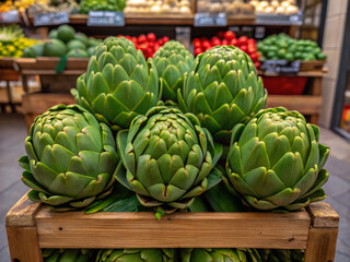 Obraz premium artichokes at the market. artichoke, vegetable, food, green, fresh, artichokes, plant, organic, market, healthy, flower, raw, vegetarian, leaf, natural, vegetables, isolated, diet, agriculture, nutrit