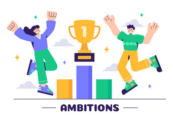 Ambitions Vector Illustration of an Entrepreneur Climbing the Ladder to Success for Career Growth and Achievements in a Flat Style Cartoon Background