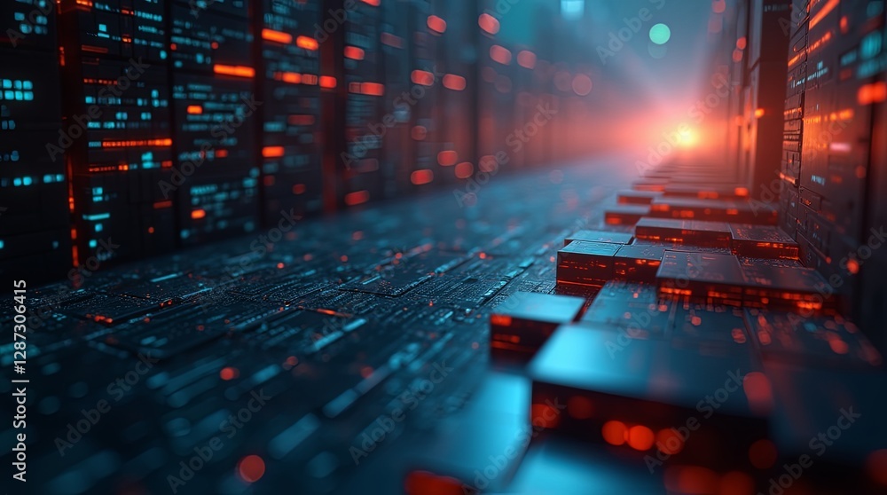 Poster A computer network with many servers and a red light in the background