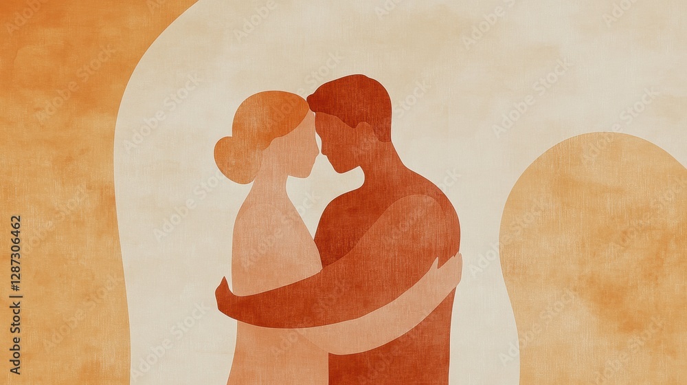 Poster two abstract figures embrace in warm hues expressing love and connection in a minimalist setting. ge