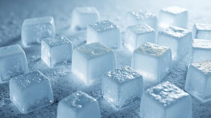 A bunch of ice cubes are on a table