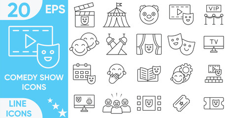 Comedy Show Icon Set.Containing, funny, joke, stand, theater, masks, tragic, tragedy, show, speakers, concert, curtains, comedy, actress, prank, LOL, joke, clown and more.Vector and illustrator set.