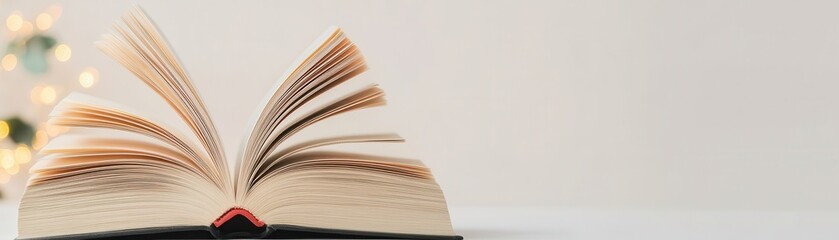 An open book rests on a surface, showcasing its pages, with a soft background that adds a warm, inviting ambiance.