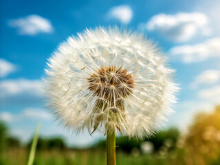 Naklejka premium dandelion against blue sky. dandelion, flower, nature, plant, summer, seed, grass, seeds, spring, weed, white, wind, fluffy, macro, blowball, stem, blossom, life, flora, beauty, closeup, growth, field