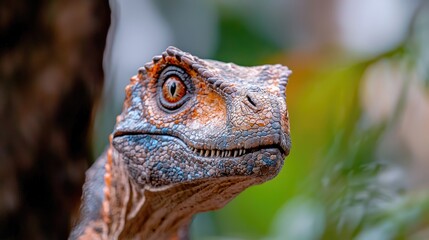 Fototapeta premium Juvenile raptor portrait, zoo habitat, lush foliage