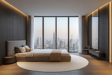 Elegant bedroom with large city view and ambient lighting