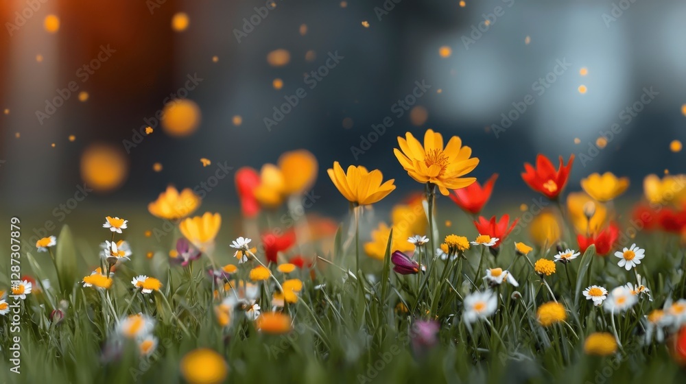 Poster bright and colorful wildflower field with bokeh effect and soft sunlight during spring season