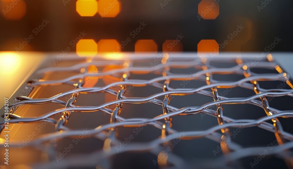 Poster abstract close-up of metal grid pattern with blurred orange bokeh lights creating a modern artistic 