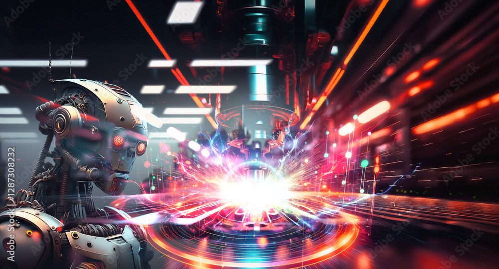 Aufkleber an industrial machine precisely cuts metal, creating bright sparks in a dark factory setting with bl