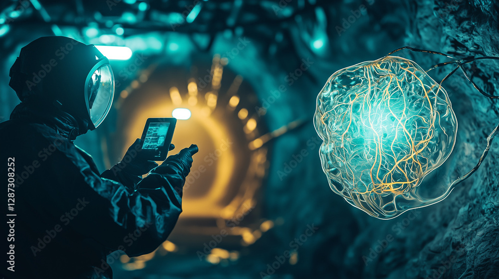 Poster futuristic scientist in cave exploring glowing brain like structure on tablet